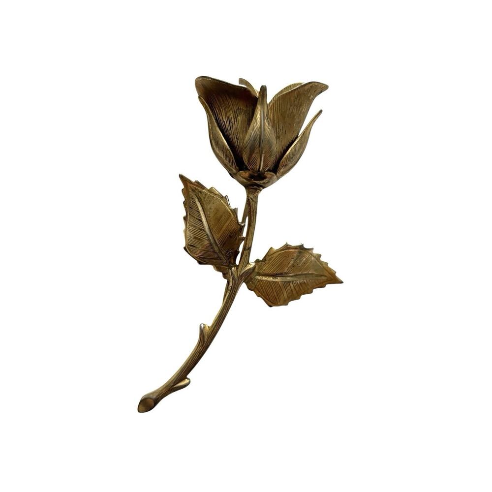 Gold Tone Rose With Stem Brooch Pin Vintage Flower Floral 1960s Classic